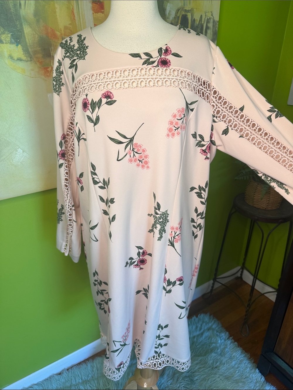 Alfani Pink Floral Lace-Detail Long Sleeve Shift Dress